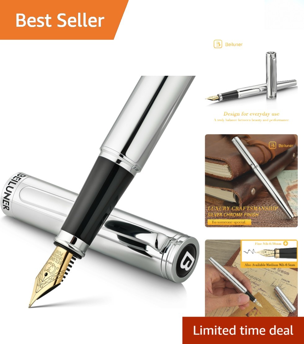 Elegant 24K Gold Nib Fountain Pen Set in Bright Silver Chrome - Gift Ready