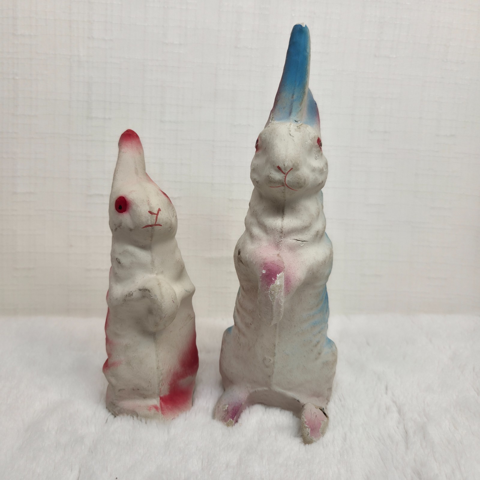 Vintage Paper Mache Easter Bunny Rabbits Lot of 2 Red Blue Pulp Figures