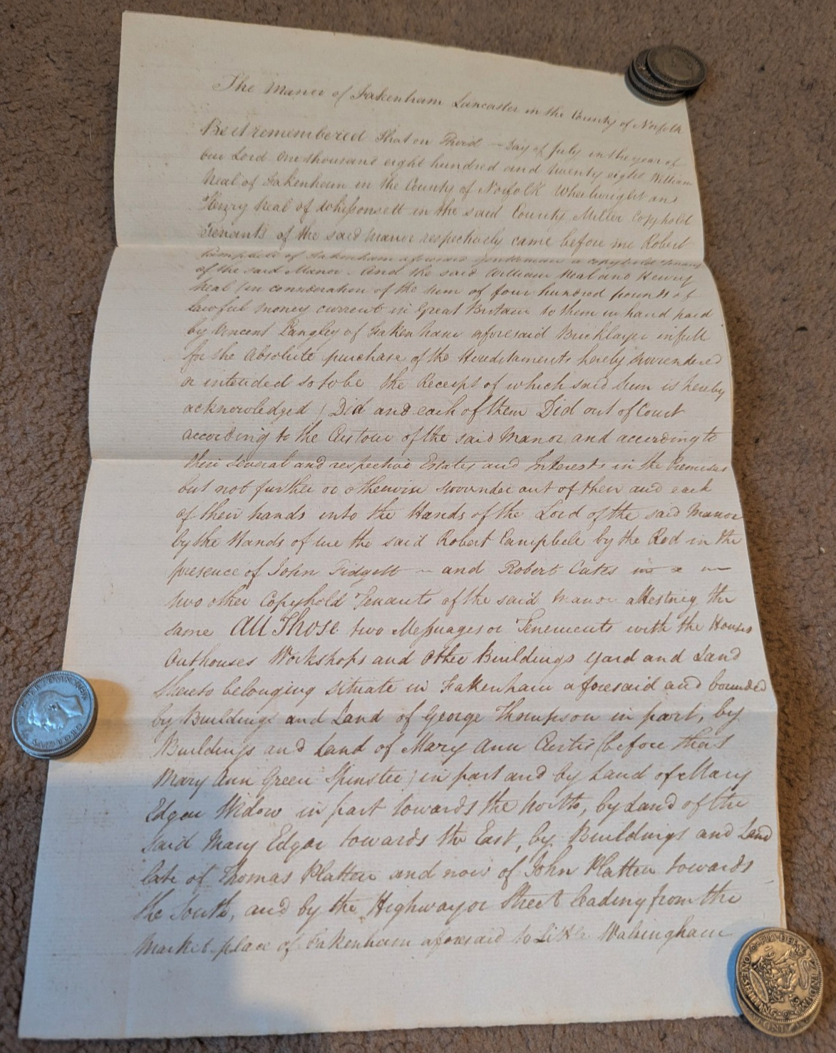 1828 Indenture Calligraphy Fakenham Lancaster William Neal Vincent Langley