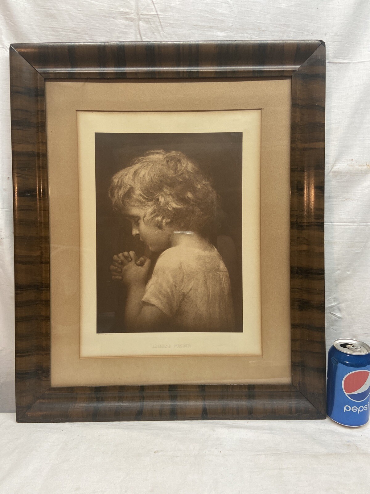 Vtg LARGE 1920-30’s Storch EVENING PRAYER Child Praying Tiger Stripe Framed