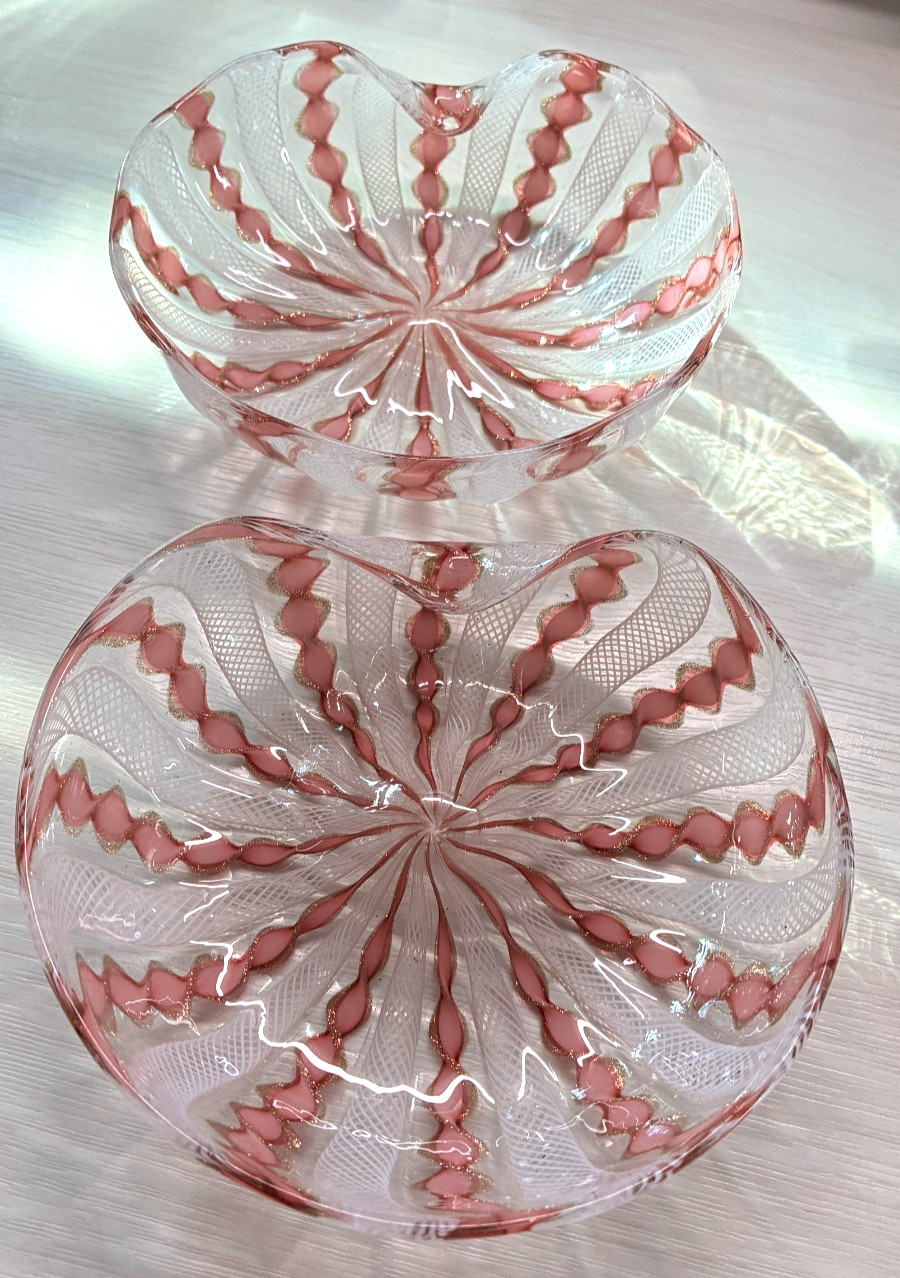 2 Vintage Murano Venetian Zanfirico Latticino Ribbon Candy/Nut Dish Pink White 2 Vintage Murano Venetian Zanfirico Latticino Ribbon Candy/Nut Dish Pink White