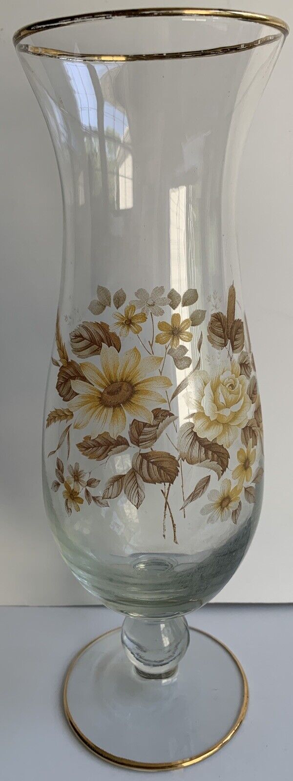Viking Glass Vintage Vase Footed Clear Handpainted Yellow Flowers
