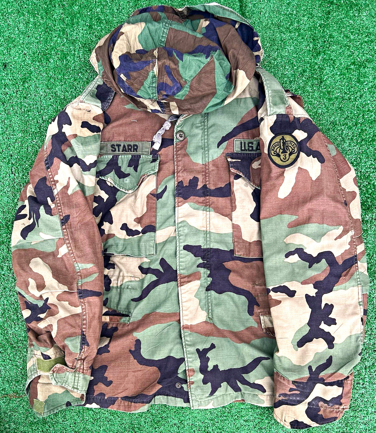 U.S. Army Woodland Camo Hooded Field Jacket/Coat w/ Patches STARR