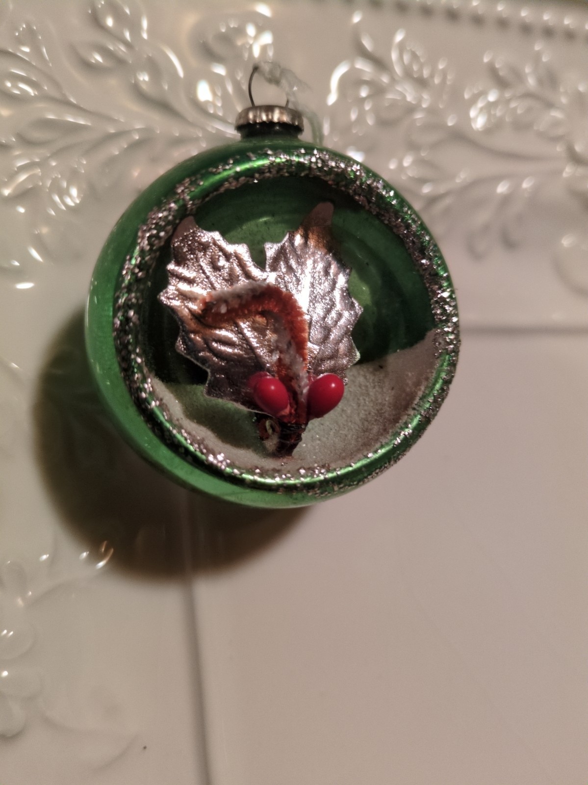 Vintage Mercury Glass Diorama Chenille Candy Cane Foil Leaves Christmas Ornament Vintage Mercury Glass Diorama Chenille Candy Cane Foil Leaves Christmas Ornament