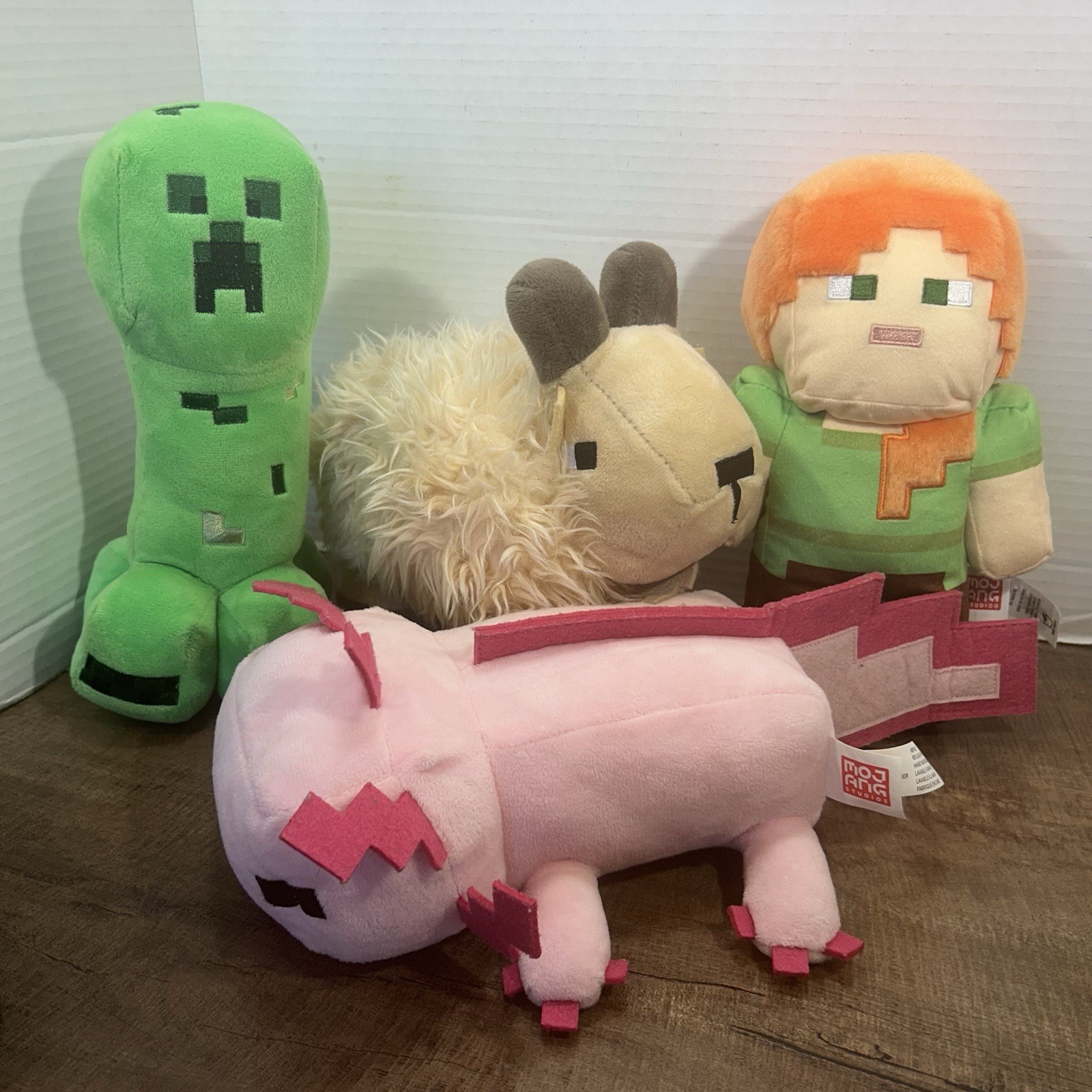 Minecraft Lot of 4 Plush Mojang Caves Cliff Goat ,Creeper, Alex & Pink Axoloti Minecraft Lot of 4 Plush Mojang Caves Cliff Goat ,Creeper, Alex & Pink Axoloti