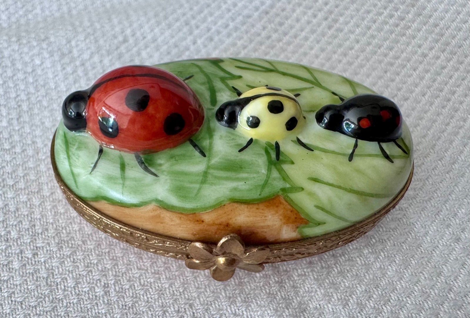 Limoges France Porcelain Trinket Box - Three Ladybugs on Leaves
