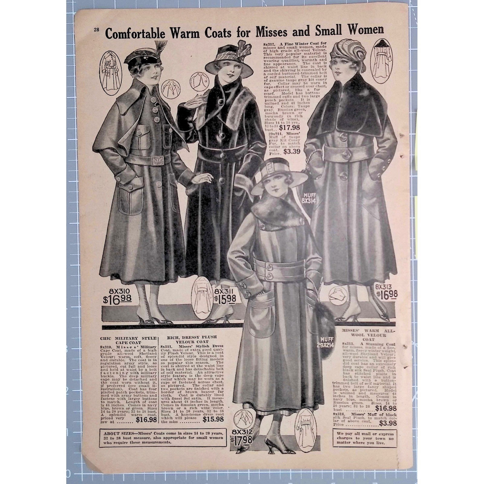 1917 Bellas Hess Womens Coats Military Fashion Antique Catalog Page Ephemera