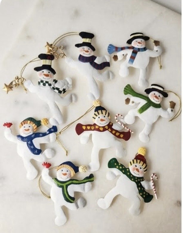 Vtg Painted Tin Dancing Snowman Ornament Set