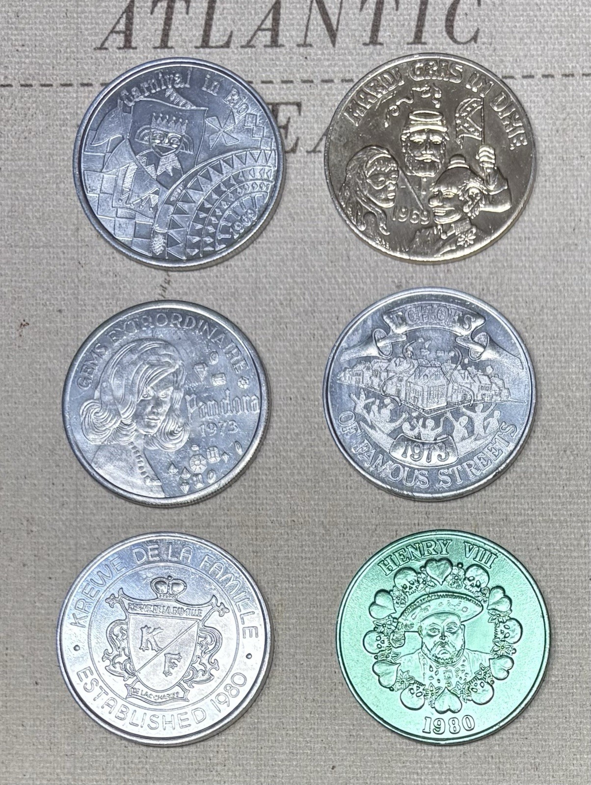 Lot of 6 Vintage Mardi Gras Doubloons New Orleans, Houma LA, VFW 1969-‘73- ‘80