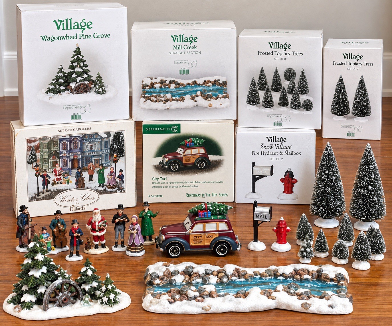 Department 56 Village Accessories Lot Boxed Trees Carollers Taxi Mill Creek