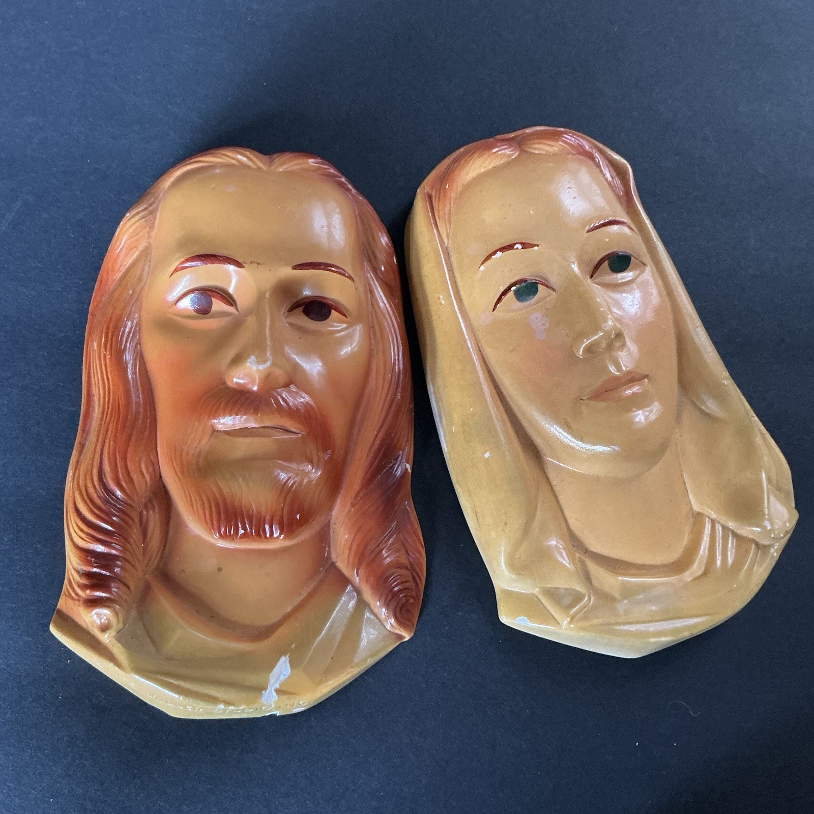 Vintage Chalkware Jesus & Virgin Mary Wall Plaques Miller Studios 1955 MCM Vintage Chalkware Jesus & Virgin Mary Wall Plaques Miller Studios 1955 MCM