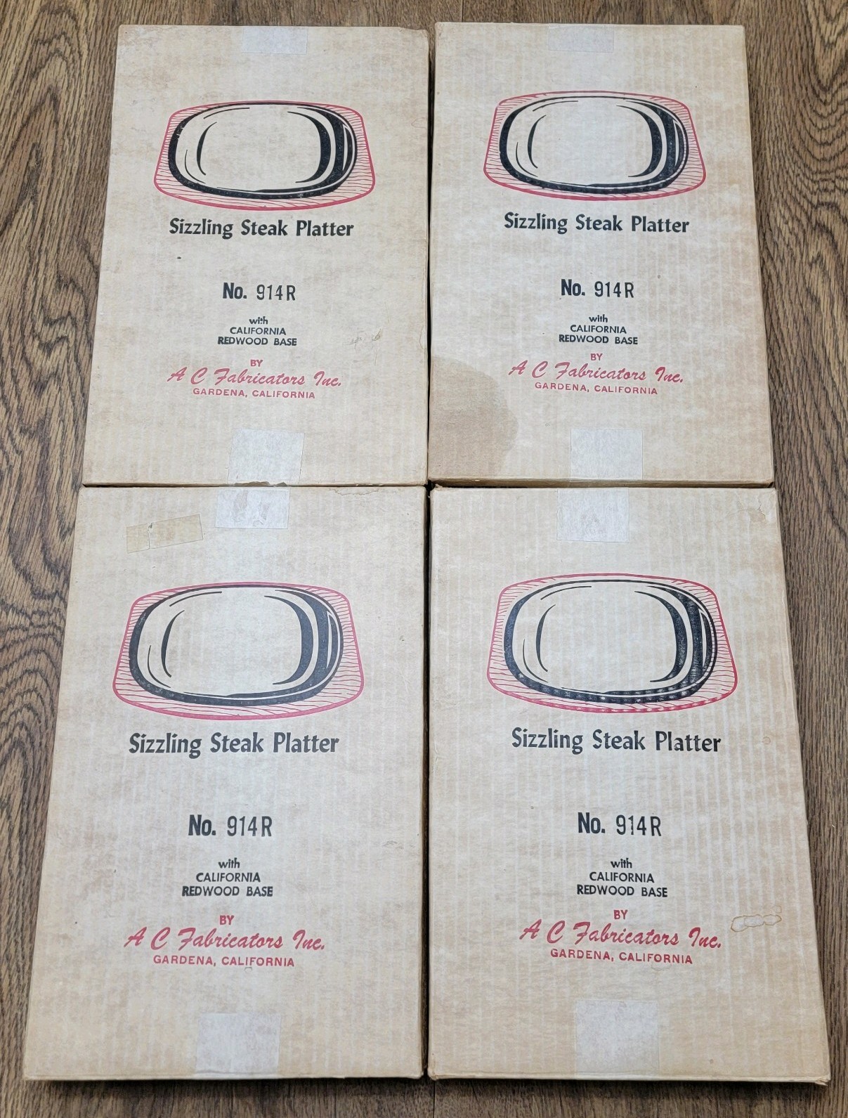 4 Vintage AC Fabricators 914R Sizzling Steak Platters & California Redwood Bases