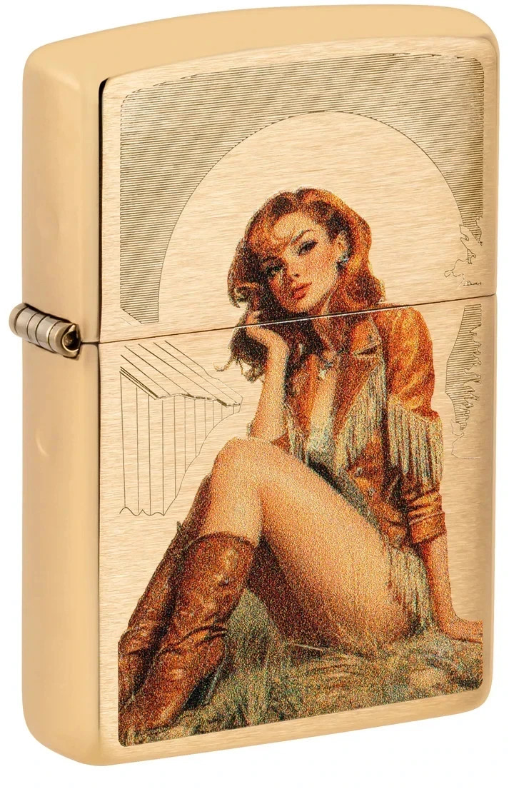Zippo Western Pinup cowgirl Design Brushed Brass Color Image 46962 Zippo Western Pinup cowgirl Design Brushed Brass Color Image 46962