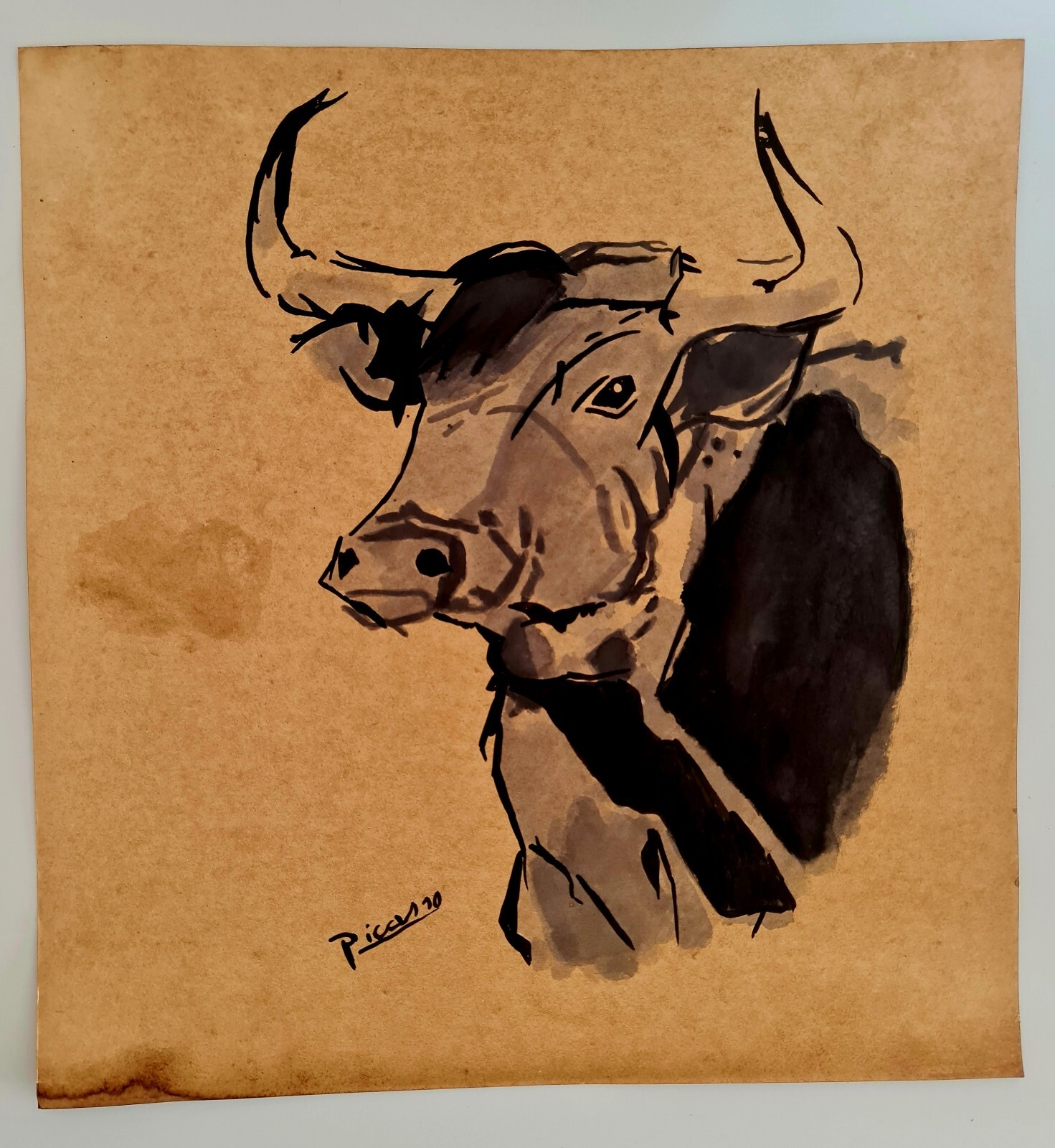 PABLO PICASSO,HANDMADE INK DRAWING ON OLD CARDBOARD, SIGNED, STAMPED PABLO PICASSO,HANDMADE INK DRAWING ON OLD CARDBOARD, SIGNED, STAMPED