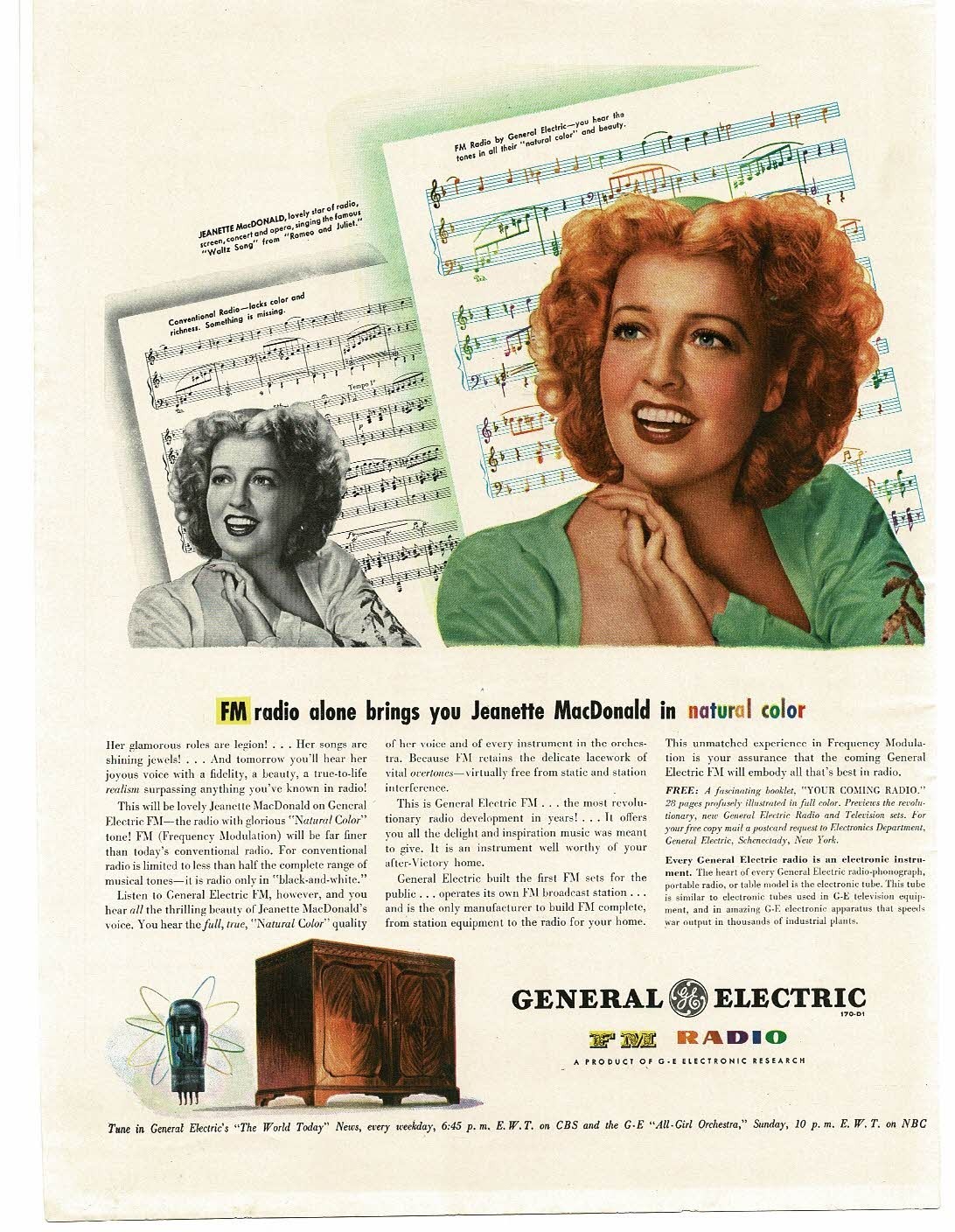 1945 G-E General Electric FM Radio Jeanette MacDonald art Vintage Print Ad