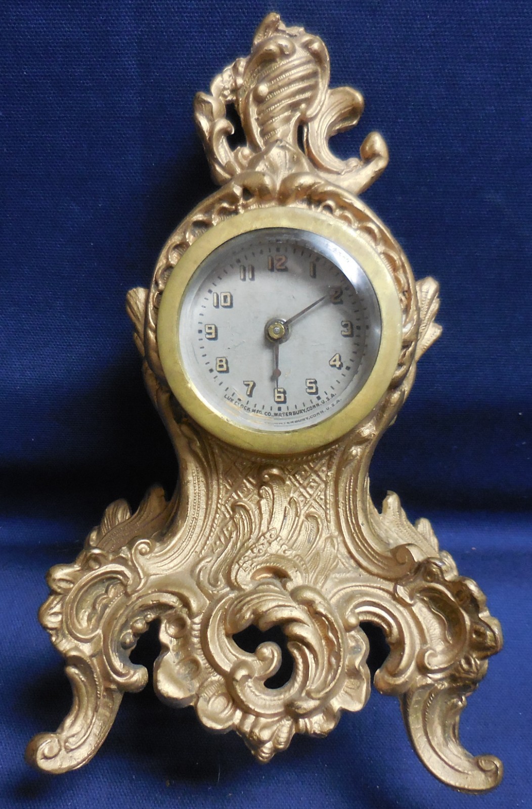 ANTIQUE MINIATURE SHELF CLOCK - WATERBURY CLOCK ROCOCO GILDED METAL 30 HOUR