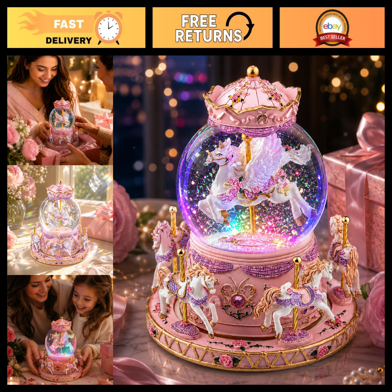 Magical Unicorn Carousel Snow Globe Music Box - Plays You Are My Sunshine, Rotat