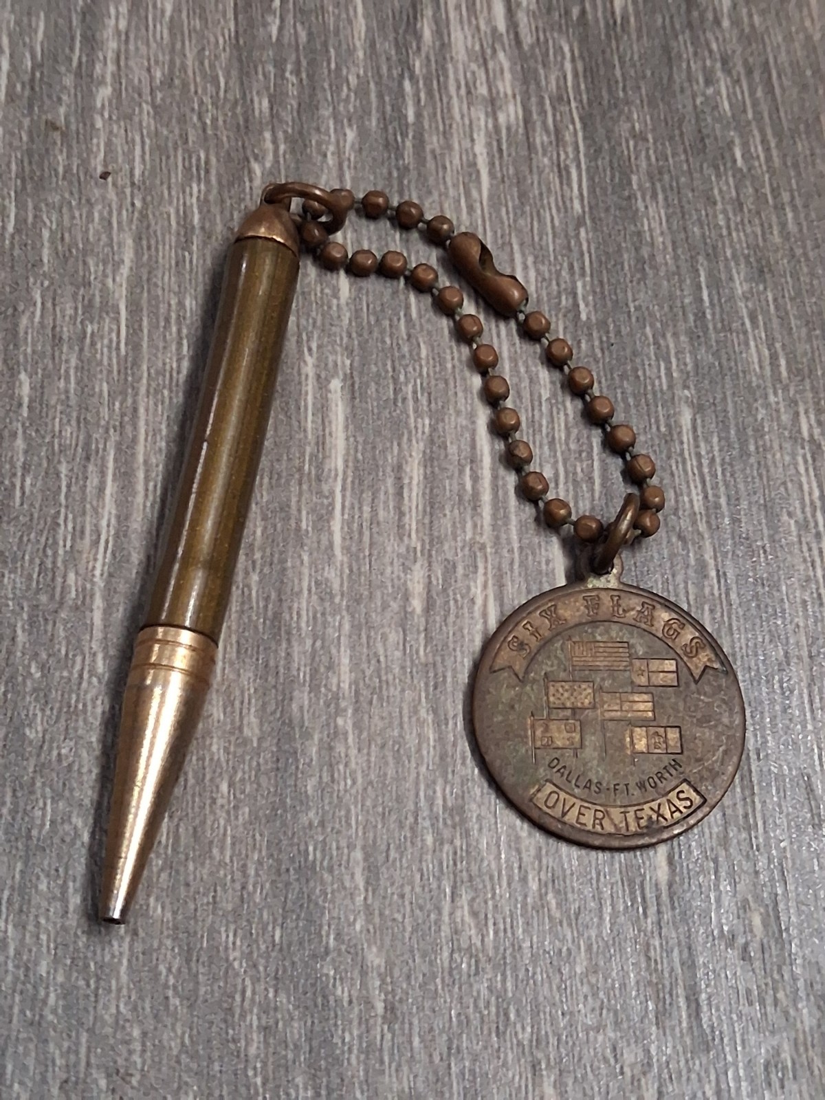 Vintage Six Flags Over Texas Dallas Fort Worth Souvenir Brass Charm And Pencil Vintage Six Flags Over Texas Dallas Fort Worth Souvenir Brass Charm And Pencil