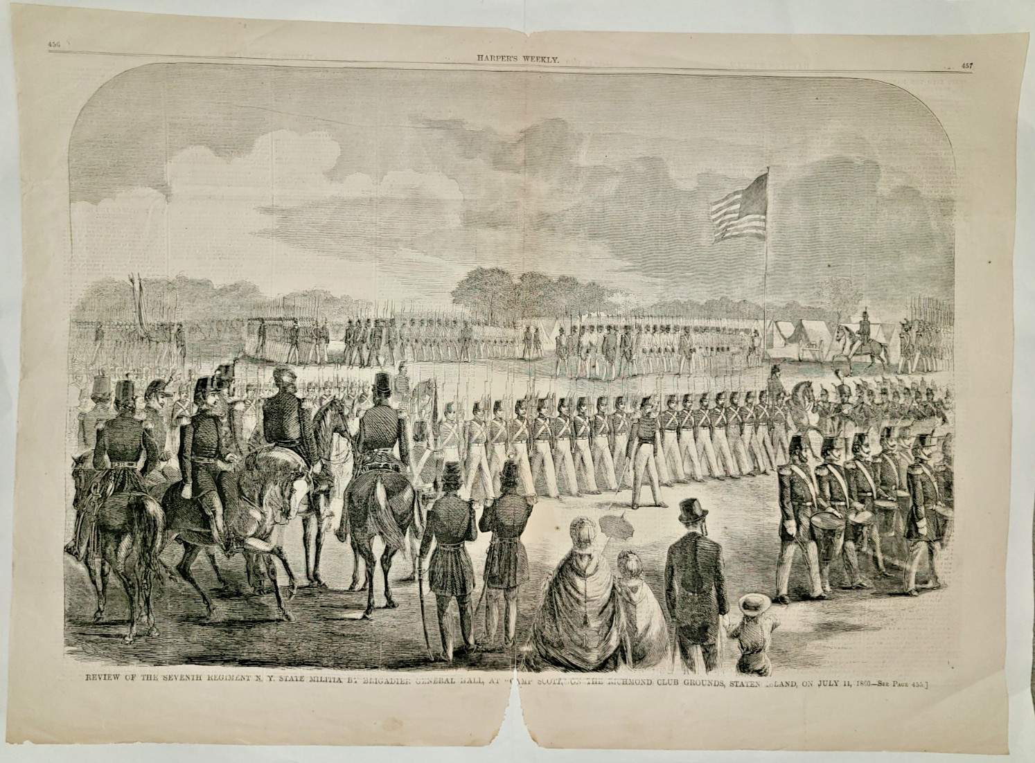 Antique engraving, Seventh Regiment NY Militia at Camp Scott, Harper's Wkly 1860 Antique engraving, Seventh Regiment NY Militia at Camp Scott, Harper's Wkly 1860