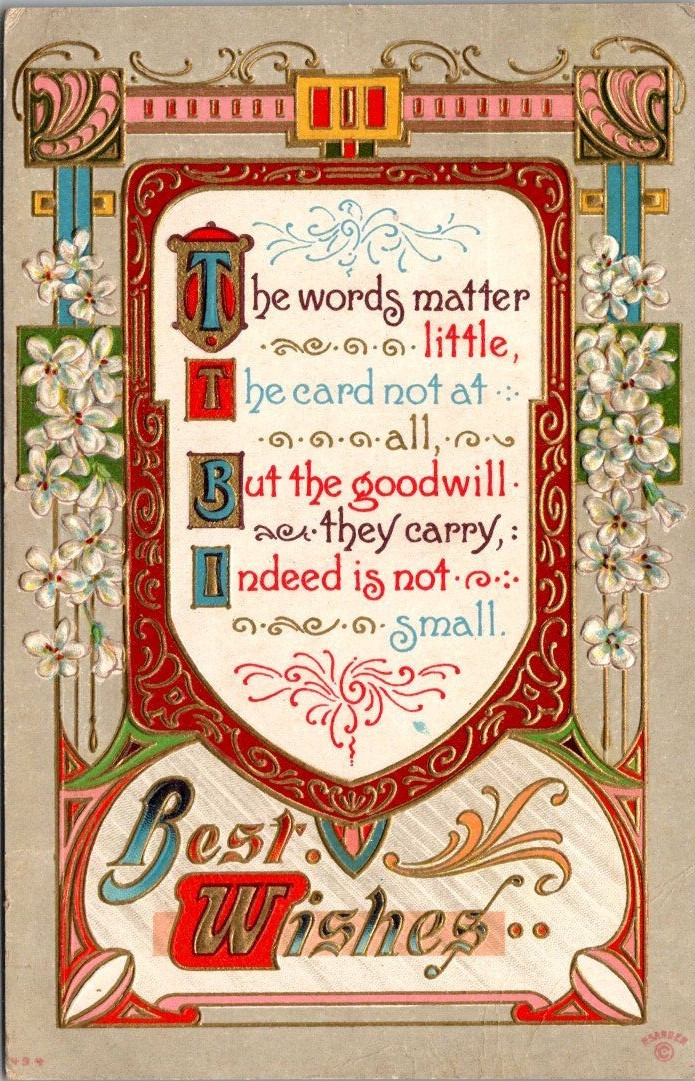 Antique Greeting Postcard Best Wishes Poem Gel Gold Gilt Embossed c1910