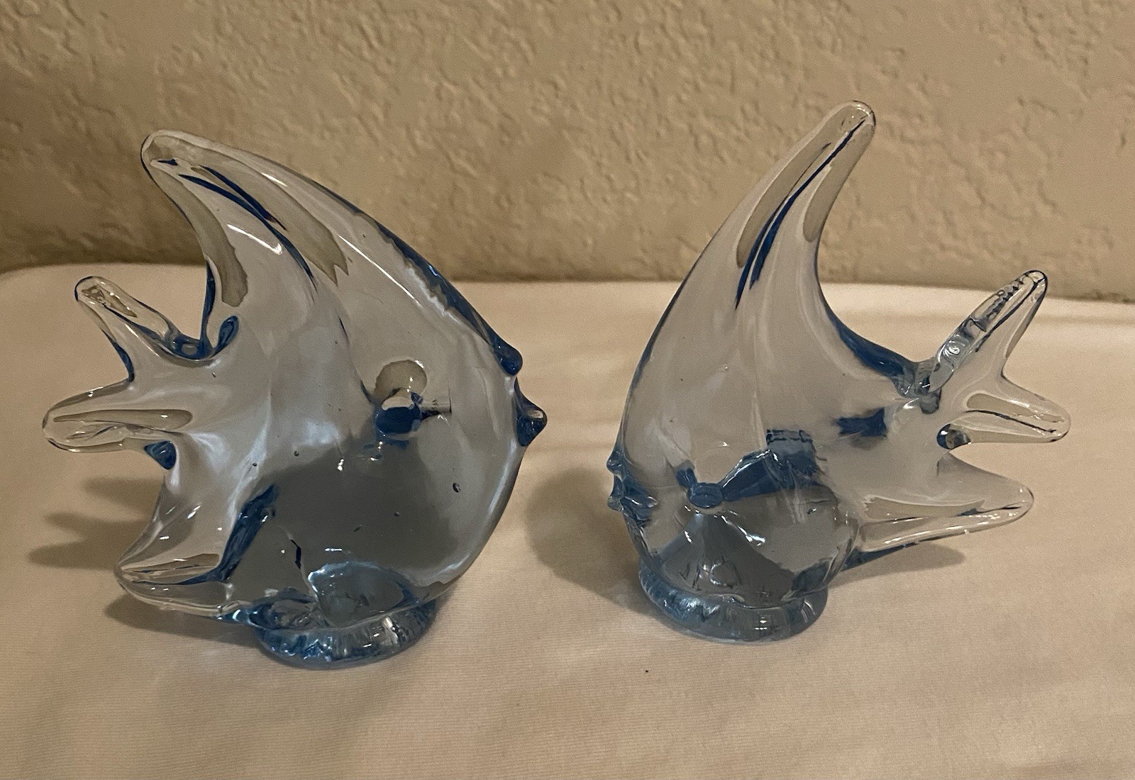 Vintage Blue Hand Blown Glass Angelfish Figurine Pair Murano Style Paperweight