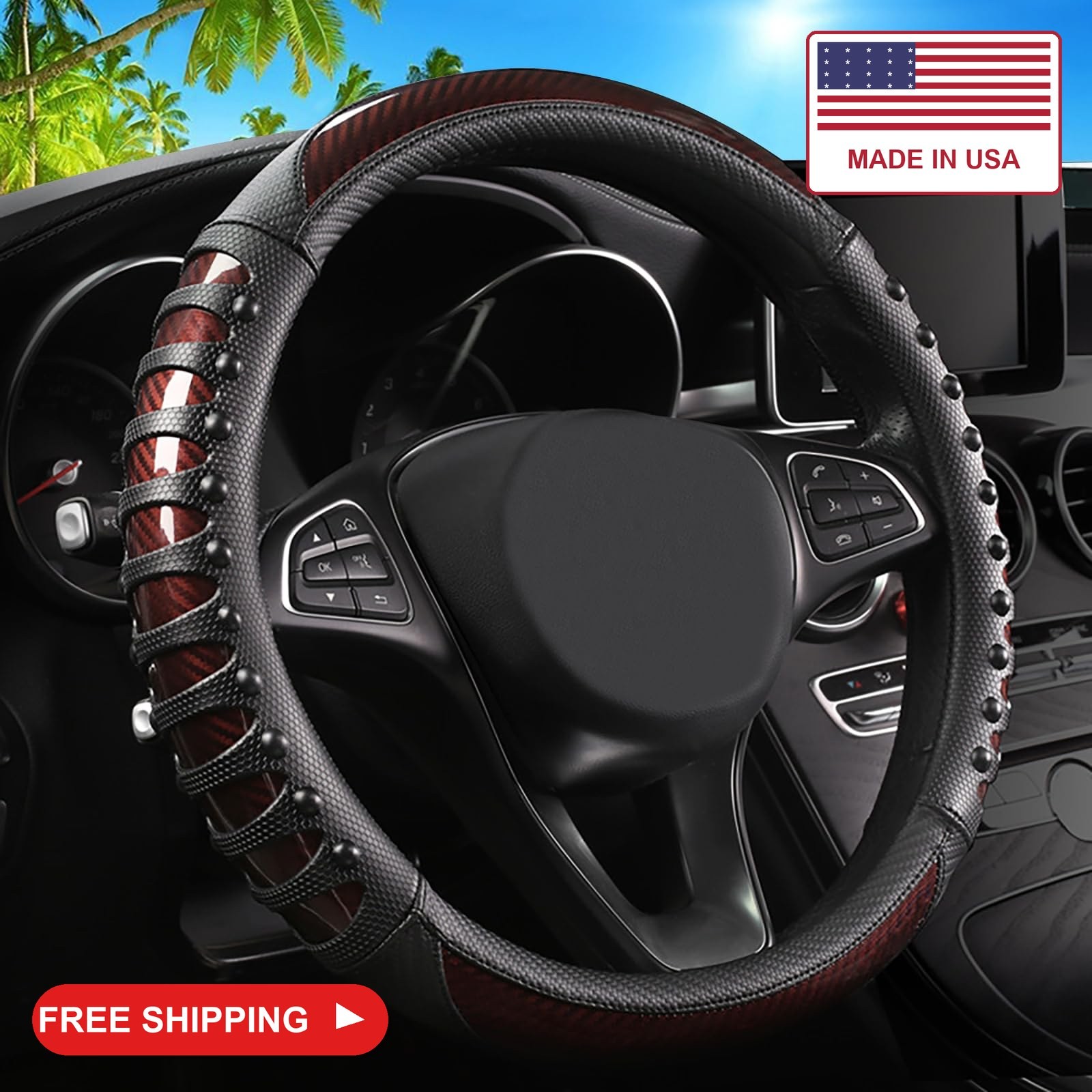 3D Massage Car Steering Wheel Cover,14.5-15 Inch Universal Brown Carbon Fibre Le 3D Massage Car Steering Wheel Cover,14.5-15 Inch Universal Brown Carbon Fibre Le