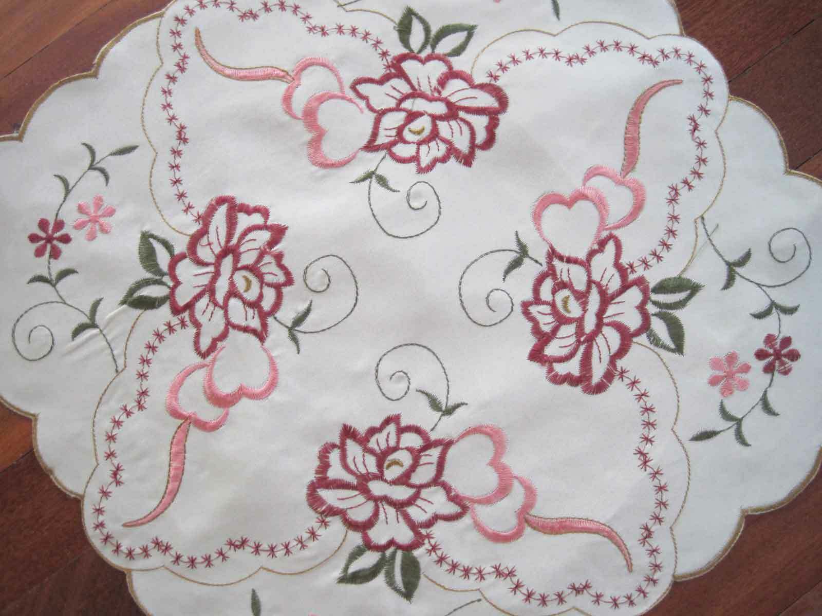 Pretty Wine Red Rose Embroidery Light Green Table Topper 43cm