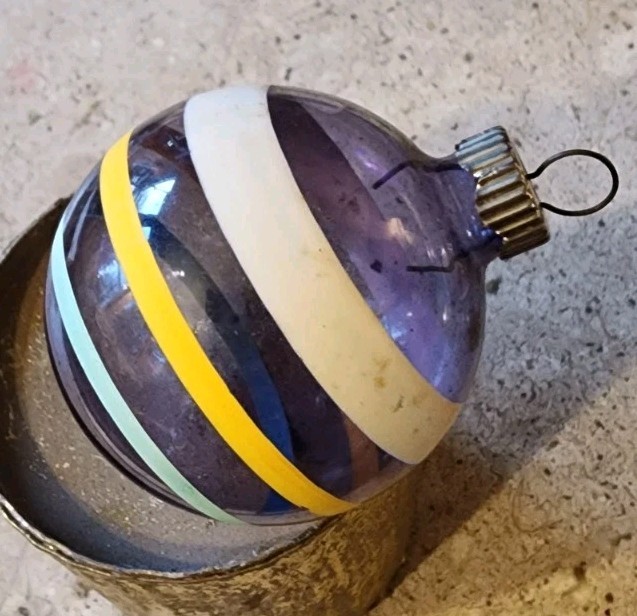 VTG WWII Era Shiny Brite Unsilvered Purple Painted Stripes Christmas Ornament