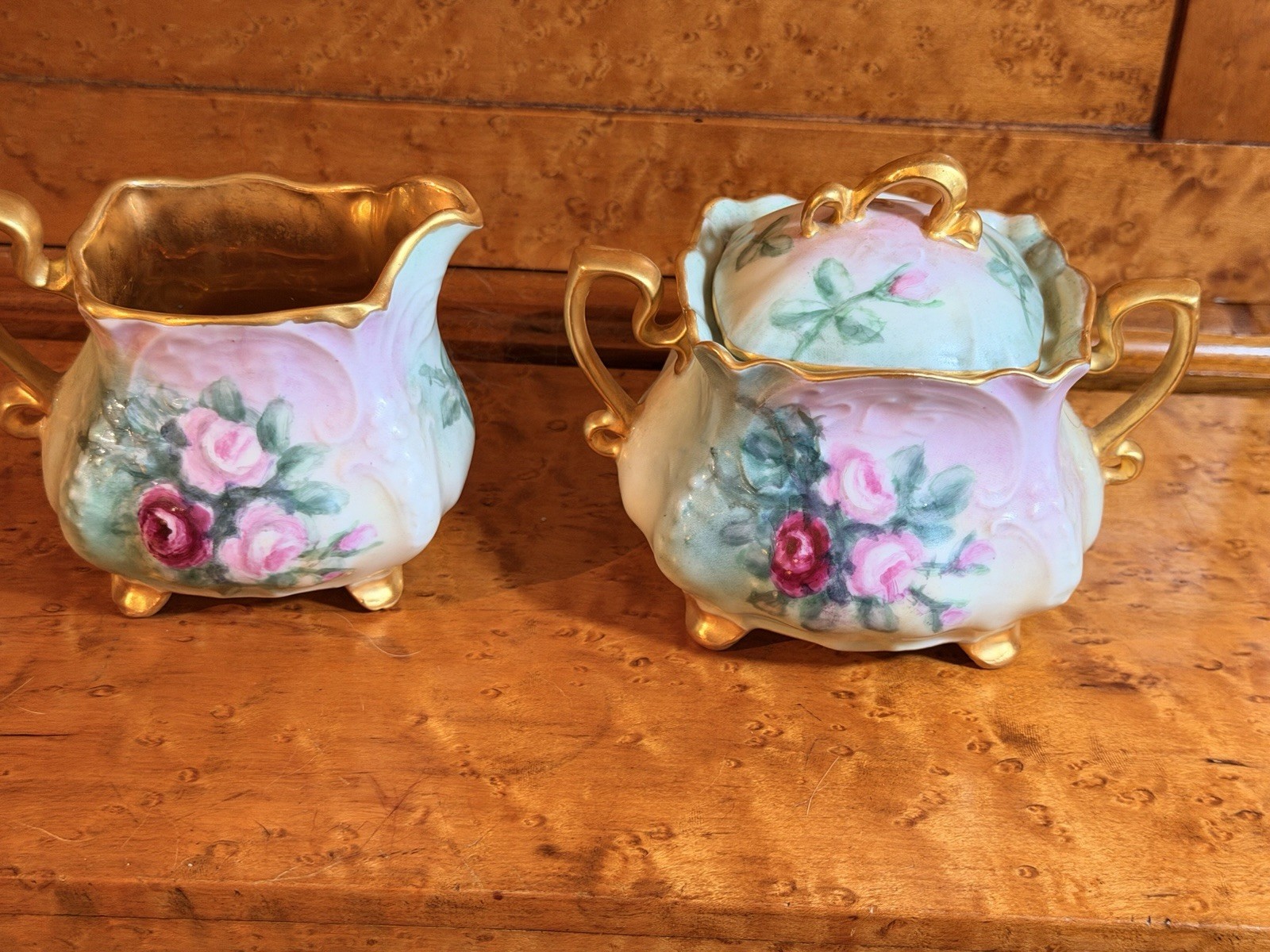 Antique Bavarian Footed Sugar & Creamer Hand Painted Floral w/Gilded Trim Signed Antique Bavarian Footed Sugar & Creamer Hand Painted Floral w/Gilded Trim Signed