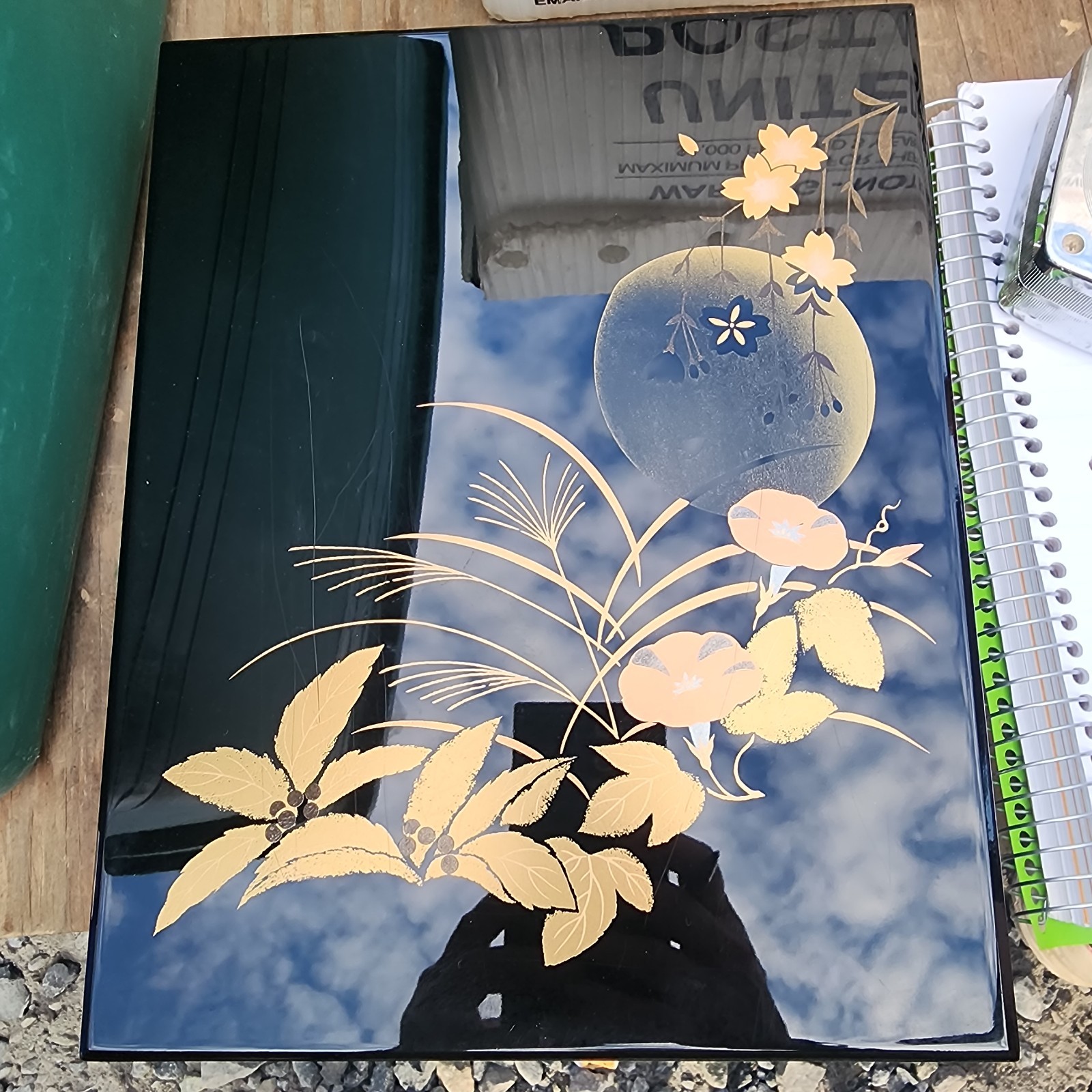 Vintage Japanese Black Laquerware Box w/Gold Maki-E Autum Moon & Grass Motif Vintage Japanese Black Laquerware Box w/Gold Maki-E Autum Moon & Grass Motif