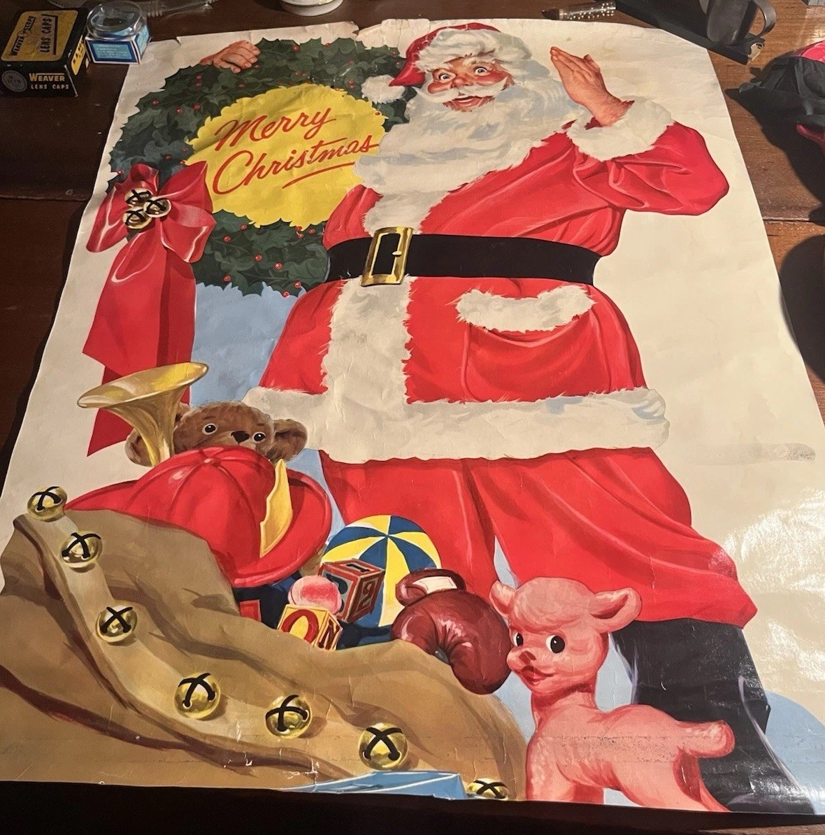 Vintage Mid Century Santa Claus Merry Christmas Door Poster 29” x  23”