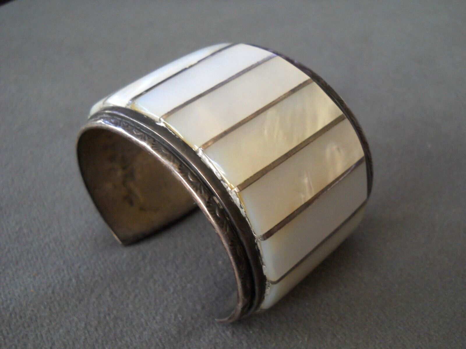 HEAVY Southwestern Native American Mother of Pearl Inlay Sterlin Silver Bracelet