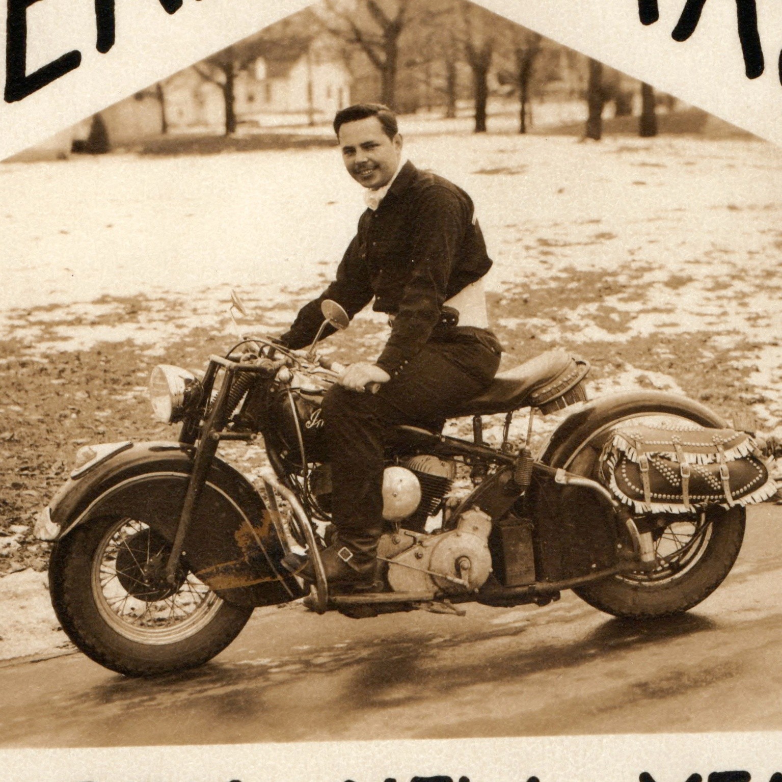 ID'd c1940s Keith Chambers Indian Motorcycle Real Photo Merry Xmas Card Snow