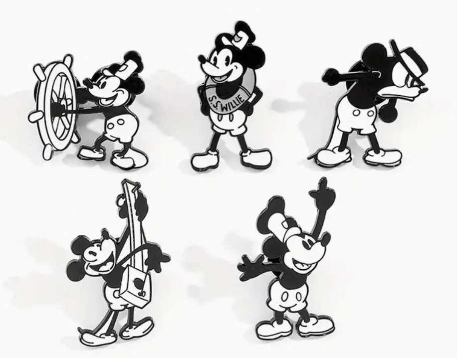 DISNEY - MICKEY MOUSE – Set of 5 Enamel Lapel Pins - RETRO - STEAMBOAT WILLIE