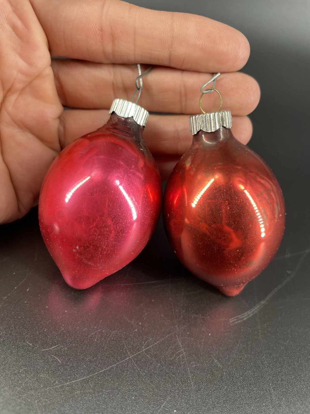2 - Vintage Shiny Brite Glass Teardrop Christmas Ornaments Red & Pink
