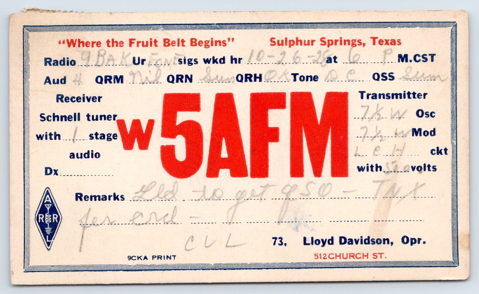 Early 1928 Sulphur Springs Texas Hopkins County Lloyd Davidson W5AFM QSL Card