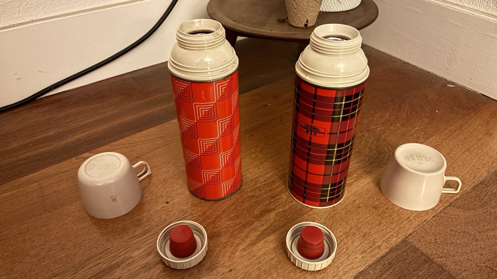 Two (2) Vintage Thermos Red Plaid King Seeley & Red Both With Cup Two (2) Vintage Thermos Red Plaid King Seeley & Red Both With Cup