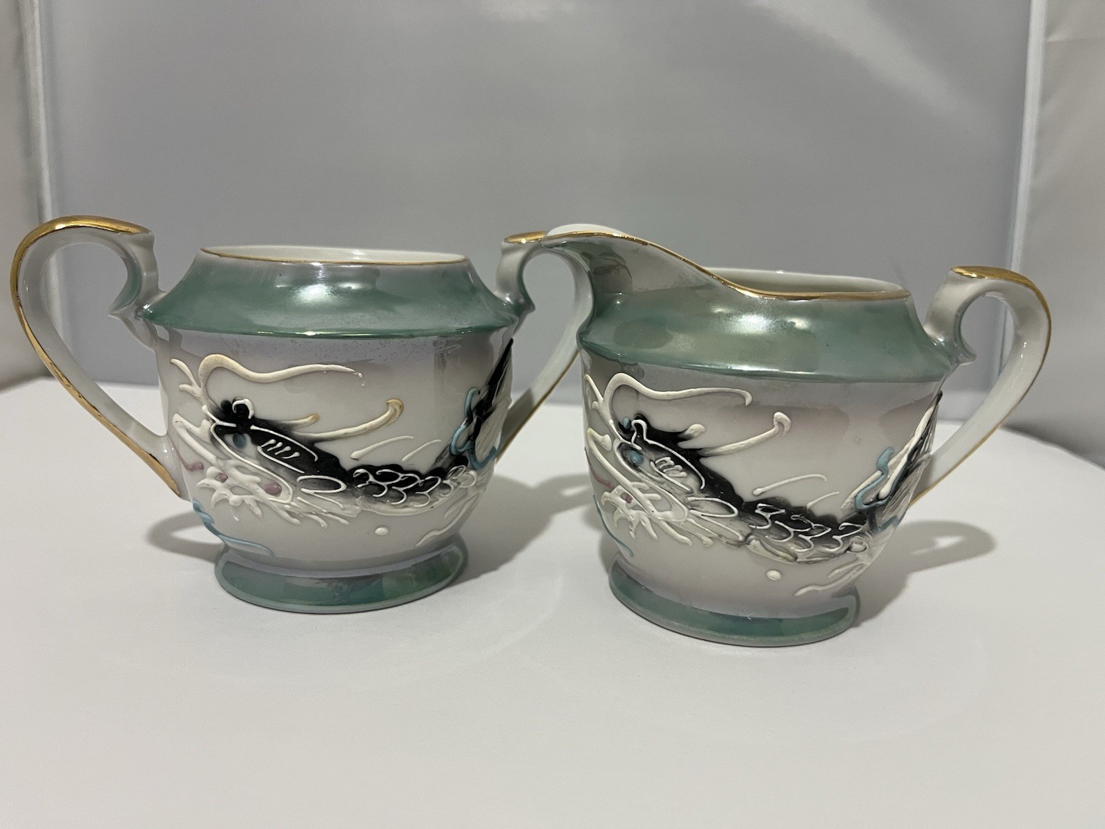 VTG HTF Green Teal Moriage Dragonware Cream & Sugar (no lid) Raised enamel Japan VTG HTF Green Teal Moriage Dragonware Cream & Sugar (no lid) Raised enamel Japan