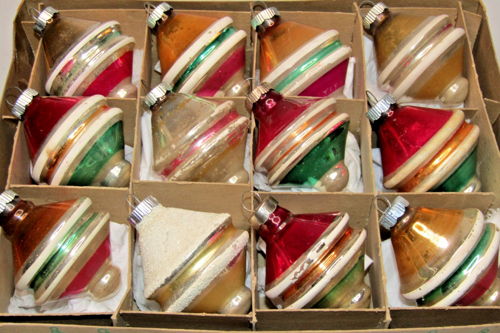 Lot Vintage Glass Striped TORNADO UFO Drop Christmas Ornaments Shiny Brite
