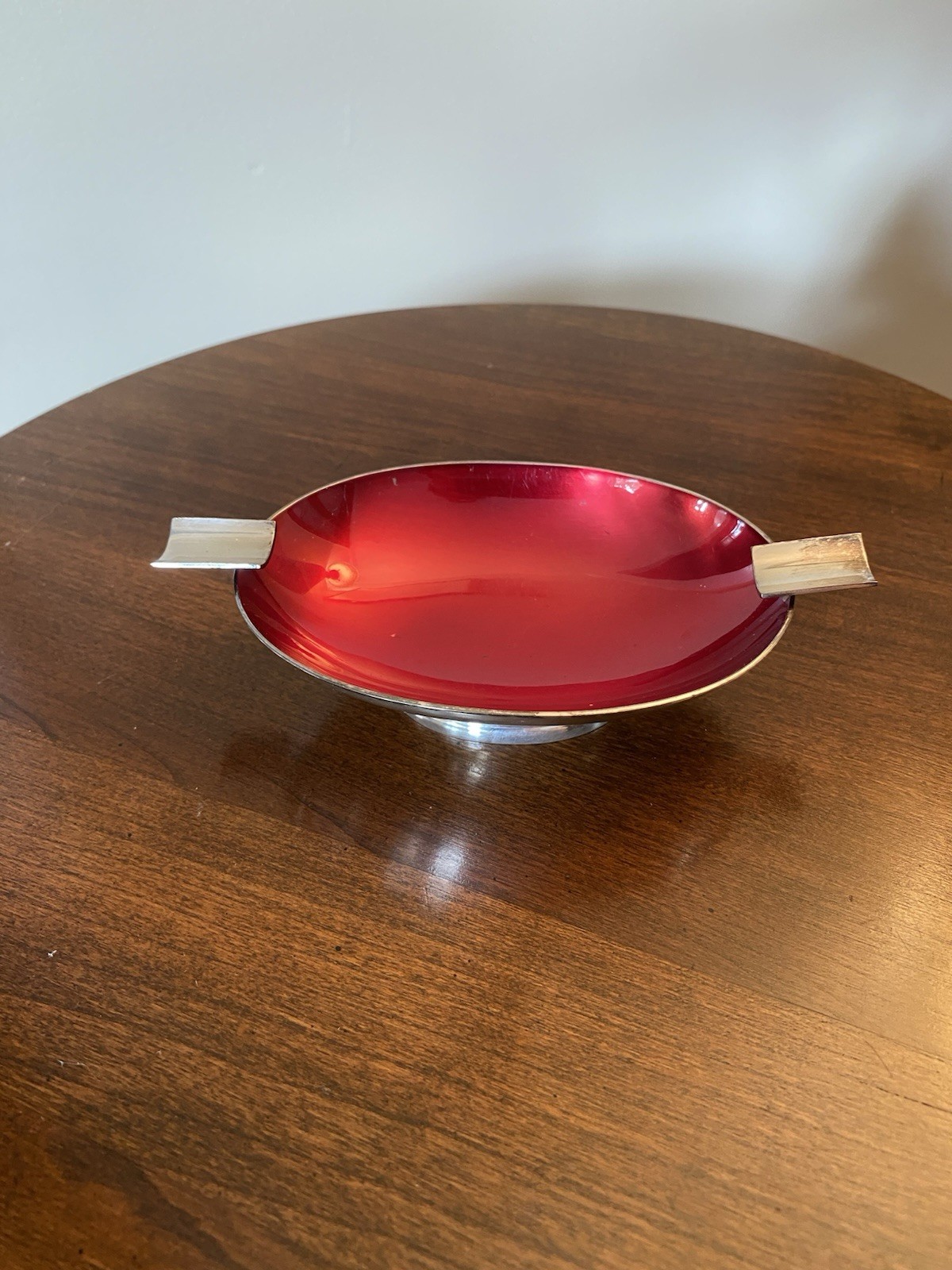 Vintage Carl Christiansen Danish Silverplate Footed Ashtray Dish MCM Ruby Enamel Vintage Carl Christiansen Danish Silverplate Footed Ashtray Dish MCM Ruby Enamel