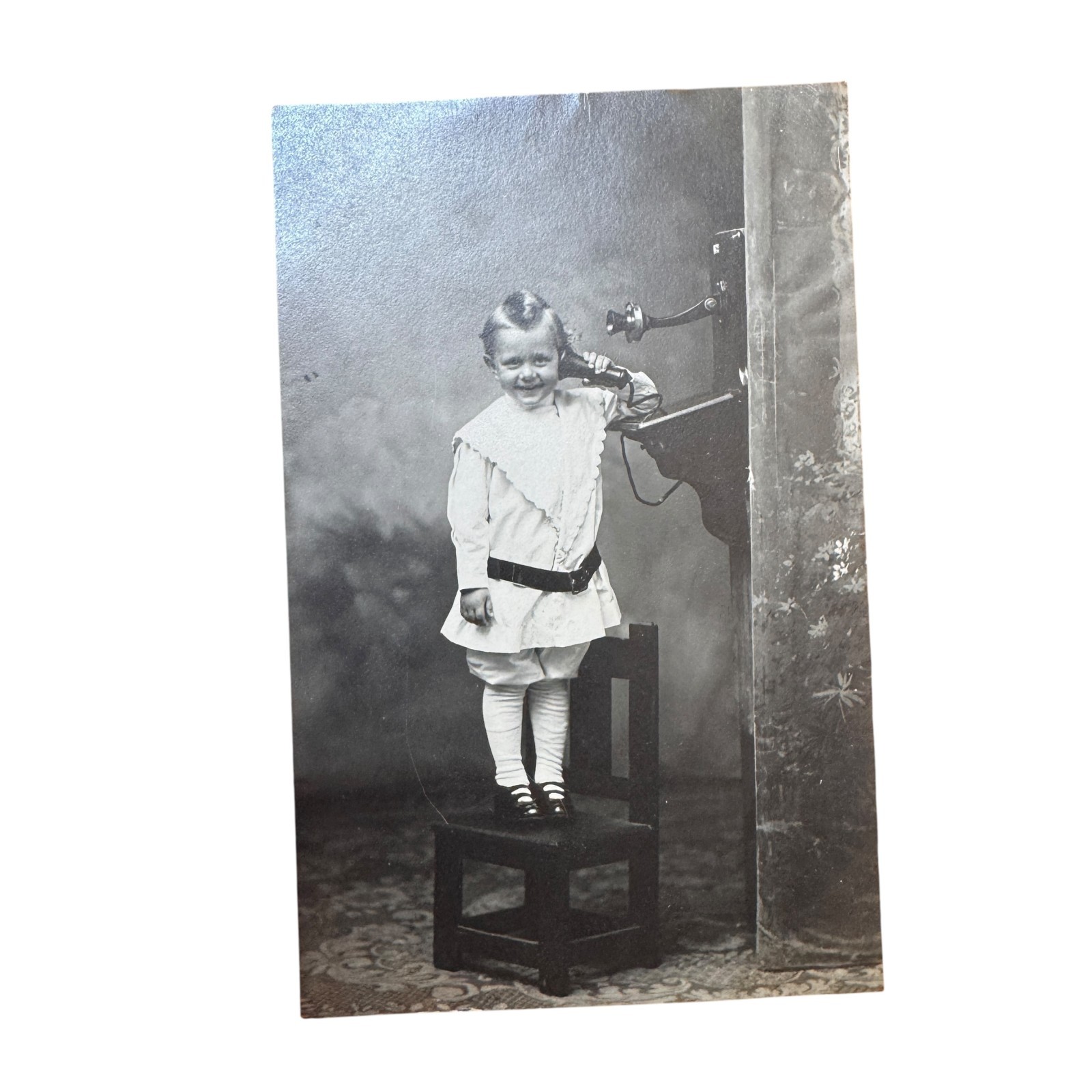 Antique Child Telephone Photo 1910s Girl Studio Novelty Portrait
