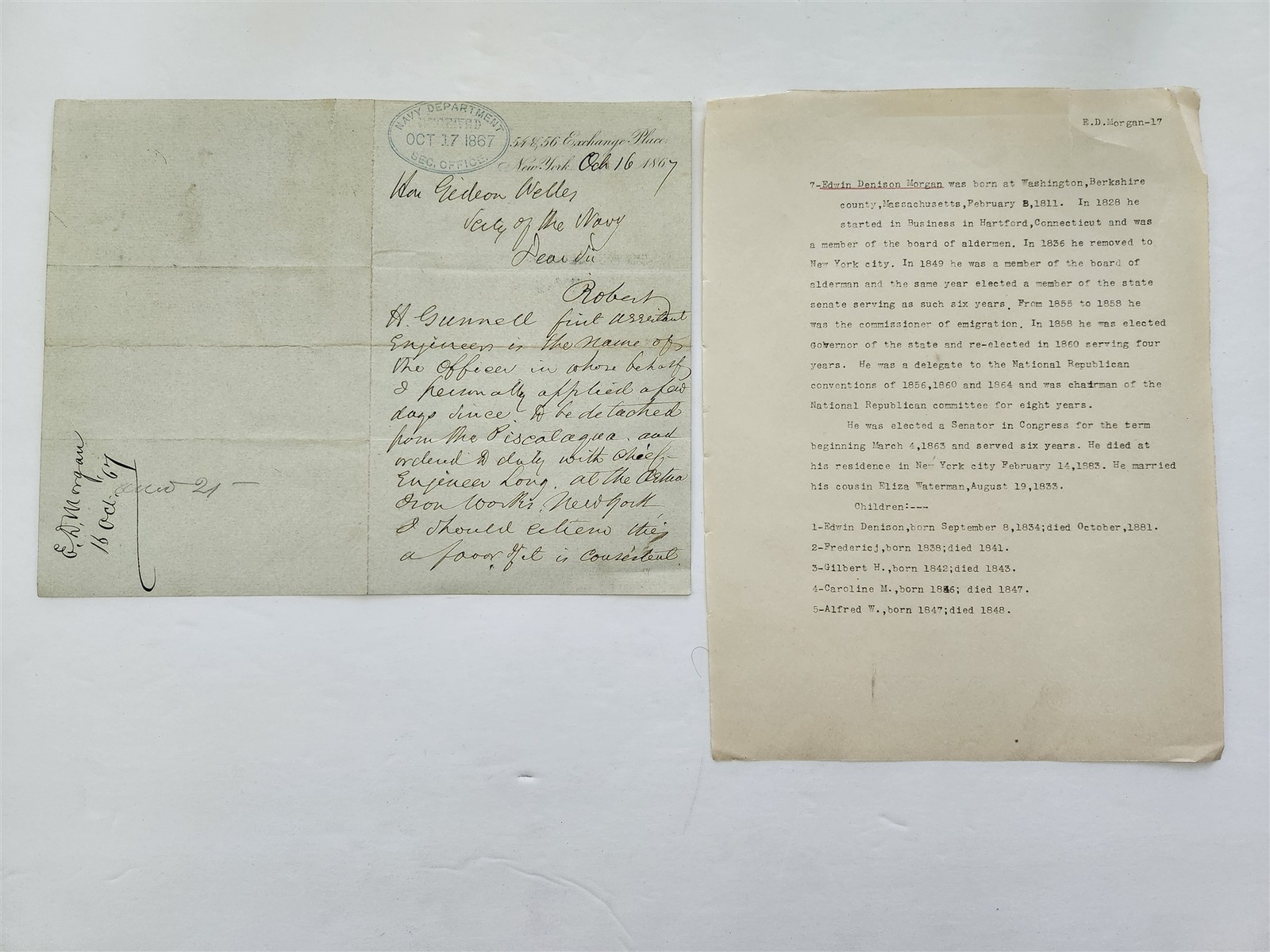 1867 antique EDWIN D MORGAN ny ALS to GIDEON WELLES SECRETARY of NAVY lincoln