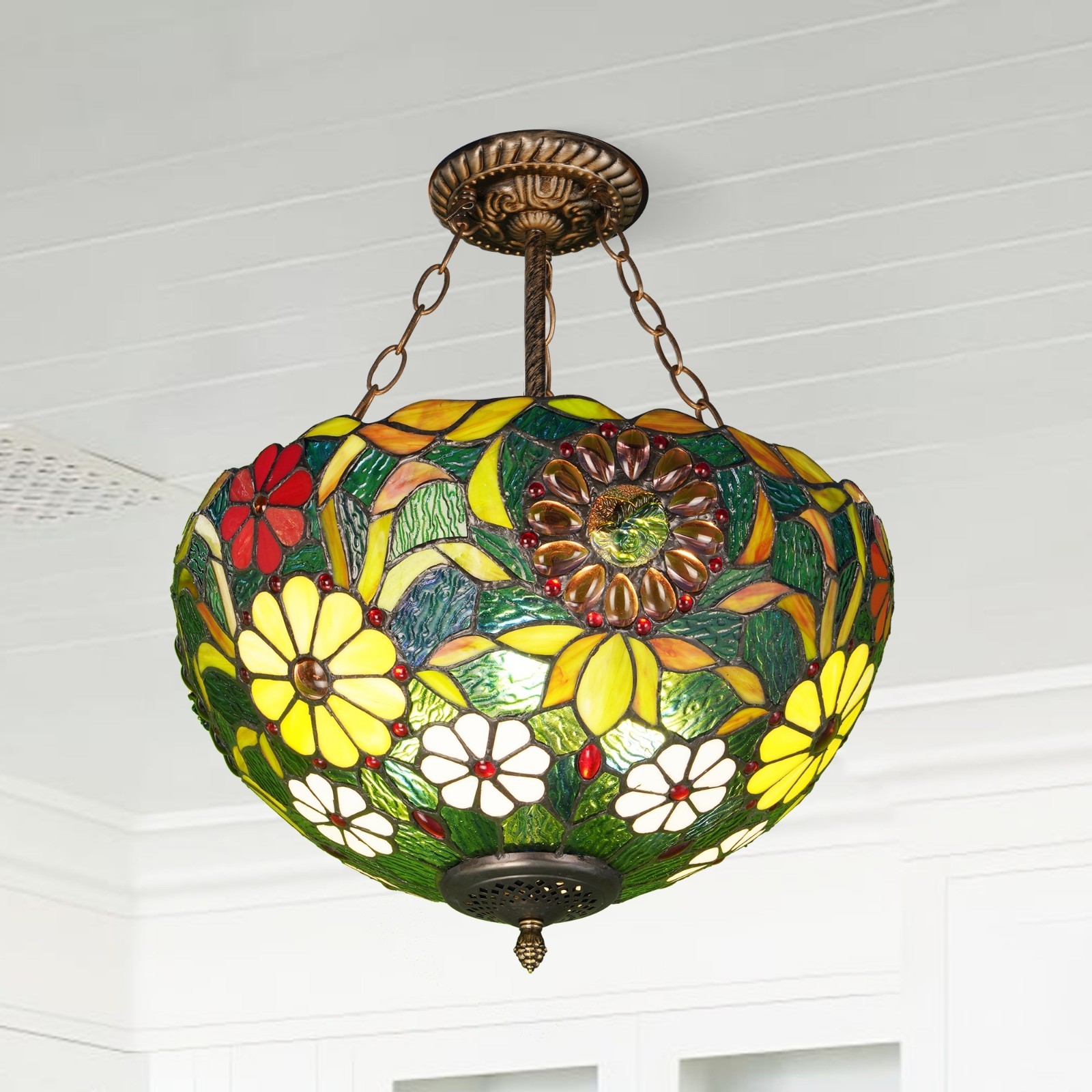 16'' Tiffany Lamp, Countryside Chrysanthemum Glass Pendant Light, Three Head New 16'' Tiffany Lamp, Countryside Chrysanthemum Glass Pendant Light, Three Head New