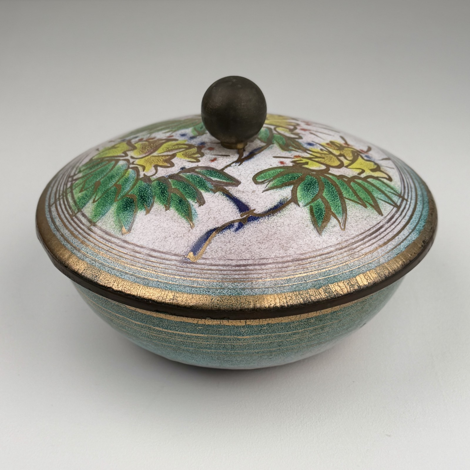 Vintage Enamel on Copper Covered Bowl Mid Century Floral Trinket Dish 7.5