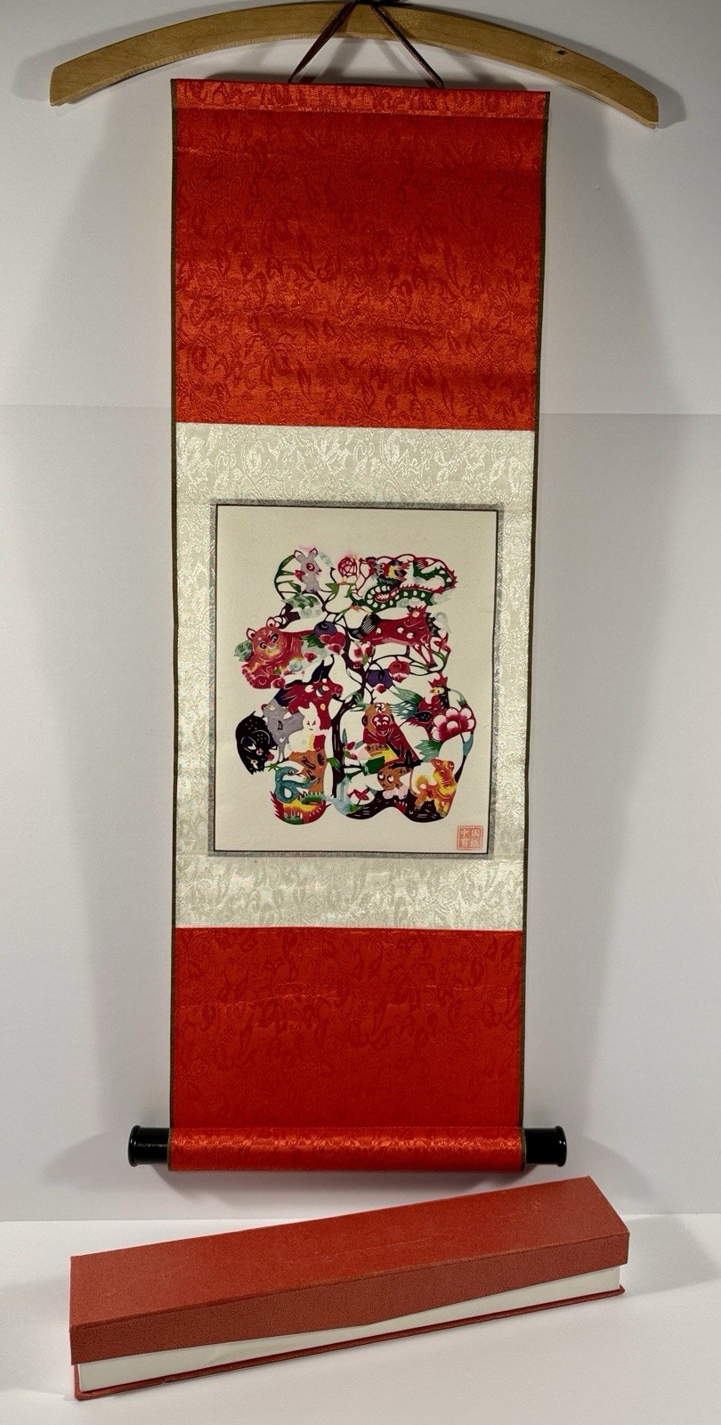 Vintage Chinese Paper Cut Hanging Scroll 12 Zodiac Tree of Life Stamped Silk Box Vintage Chinese Paper Cut Hanging Scroll 12 Zodiac Tree of Life Stamped Silk Box
