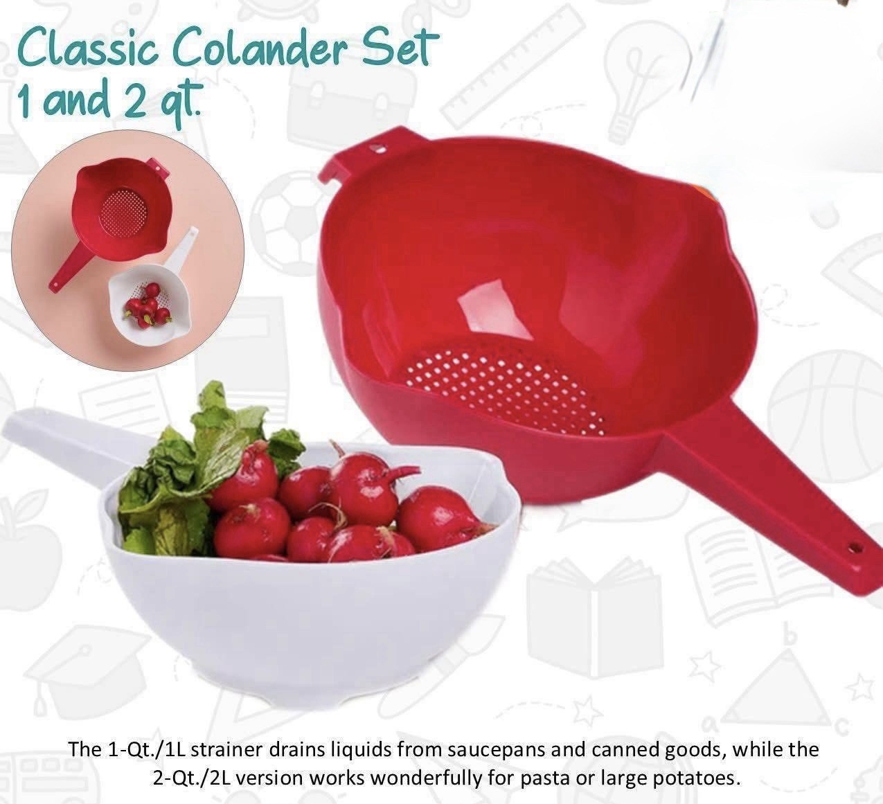 NEW Tupperware Colanders 2 pc. SET White & Red 1 QT & 2Qt