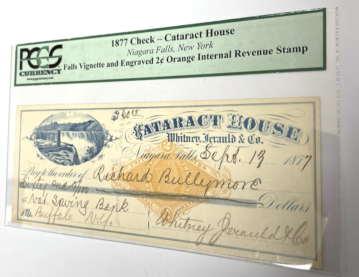 1877 Check - Cataract House Falls Vignette & Engraved. Collectible Antique PCGS