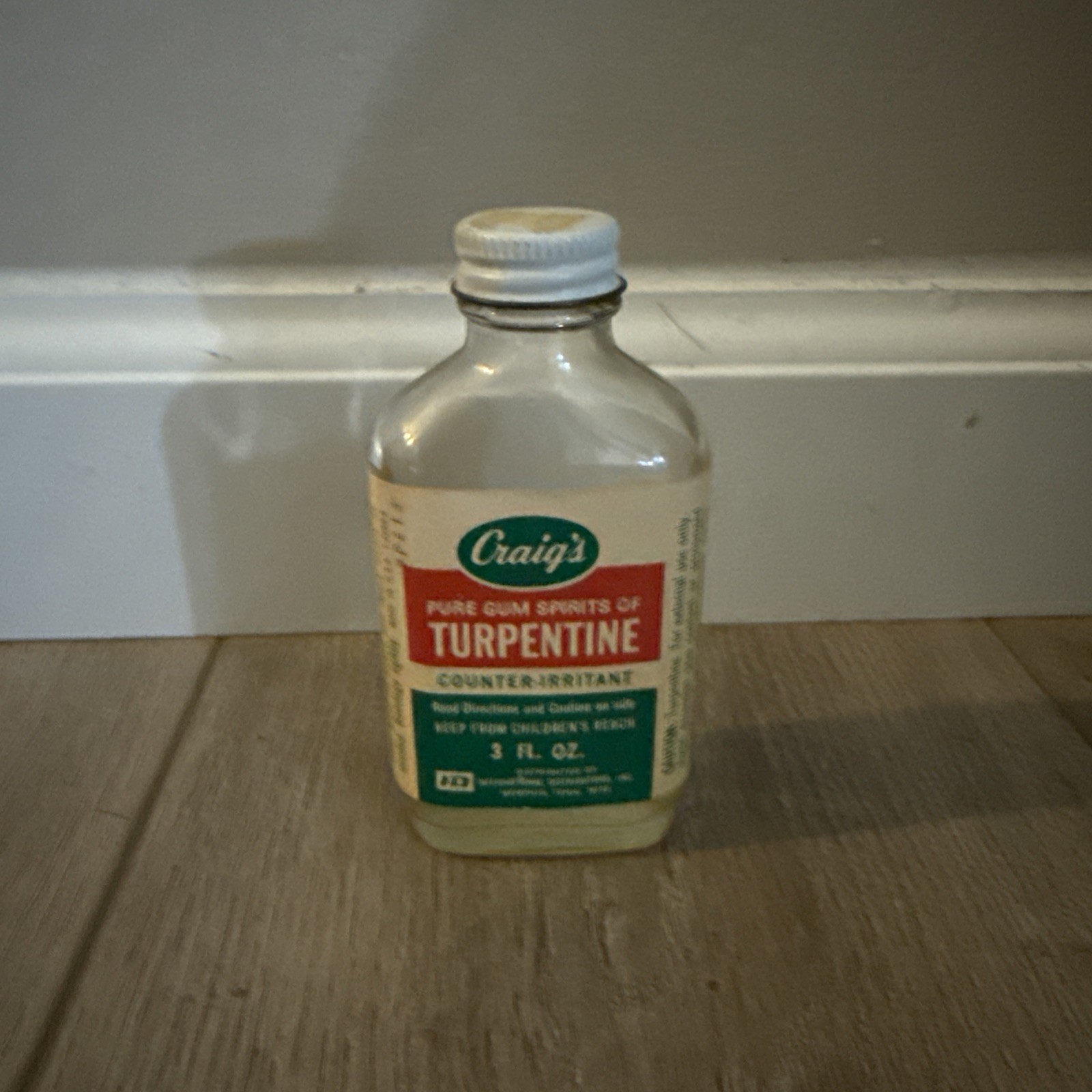 Craig’s Spirits of Turpentine Bottle 3 Fl Oz Paper Label Memphis Vintage Glass