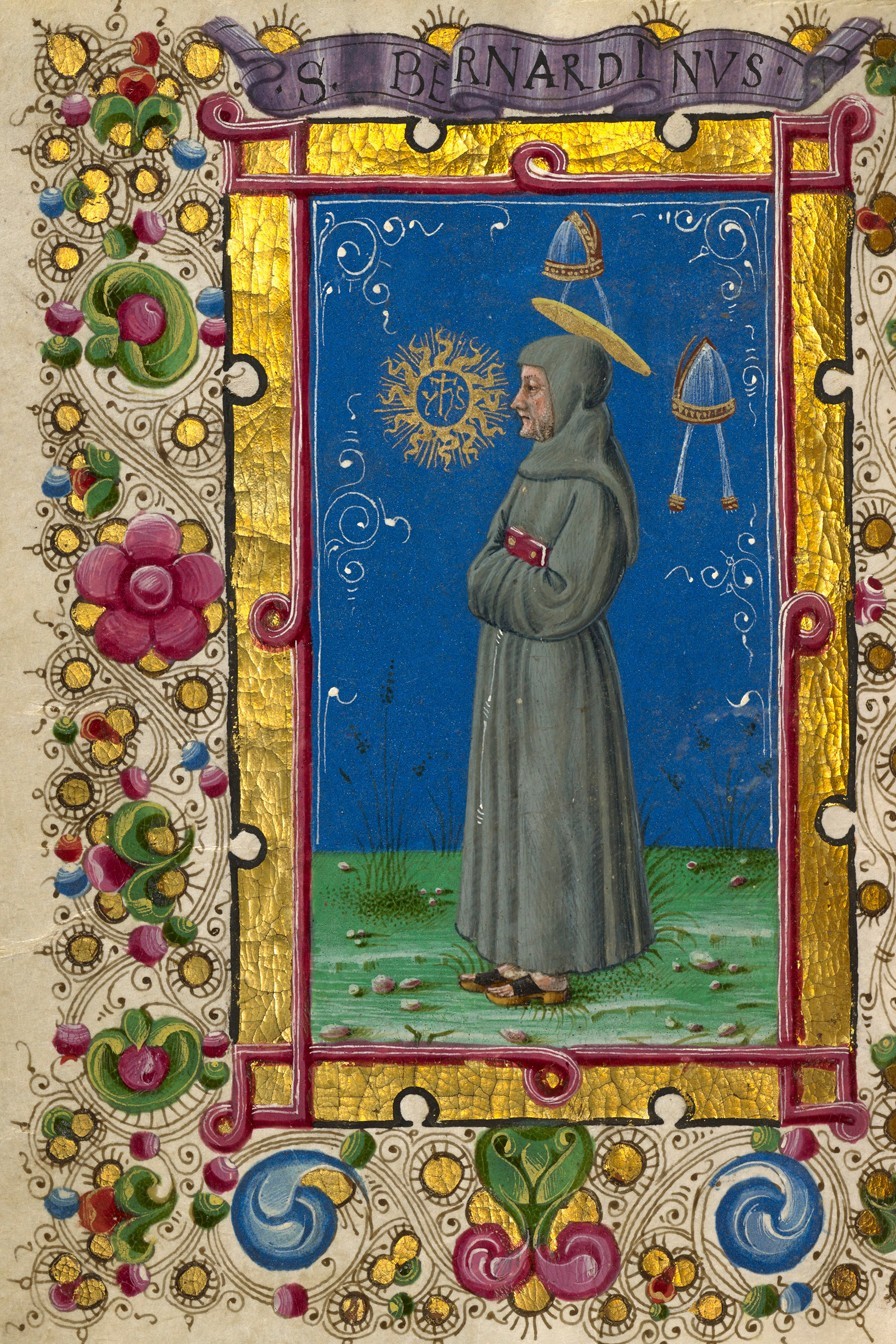 Saint Bernardino of Siena, medieval Catholic illuminated manuscript print 8x12