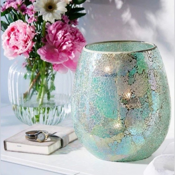 PartyLite Iridescent Azure Mosaic Hurricane  with tealite tree beads P9299 new